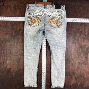 Ed Hardy Screaming Tiger Denim Jeans Pants Slim Taper Acid Wash Mens 38 Y2K VTG
